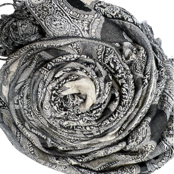 Oversized Paisley Tapestry Scarf Swirl Black White Gray 77" X 20" - Picture 11 of 11